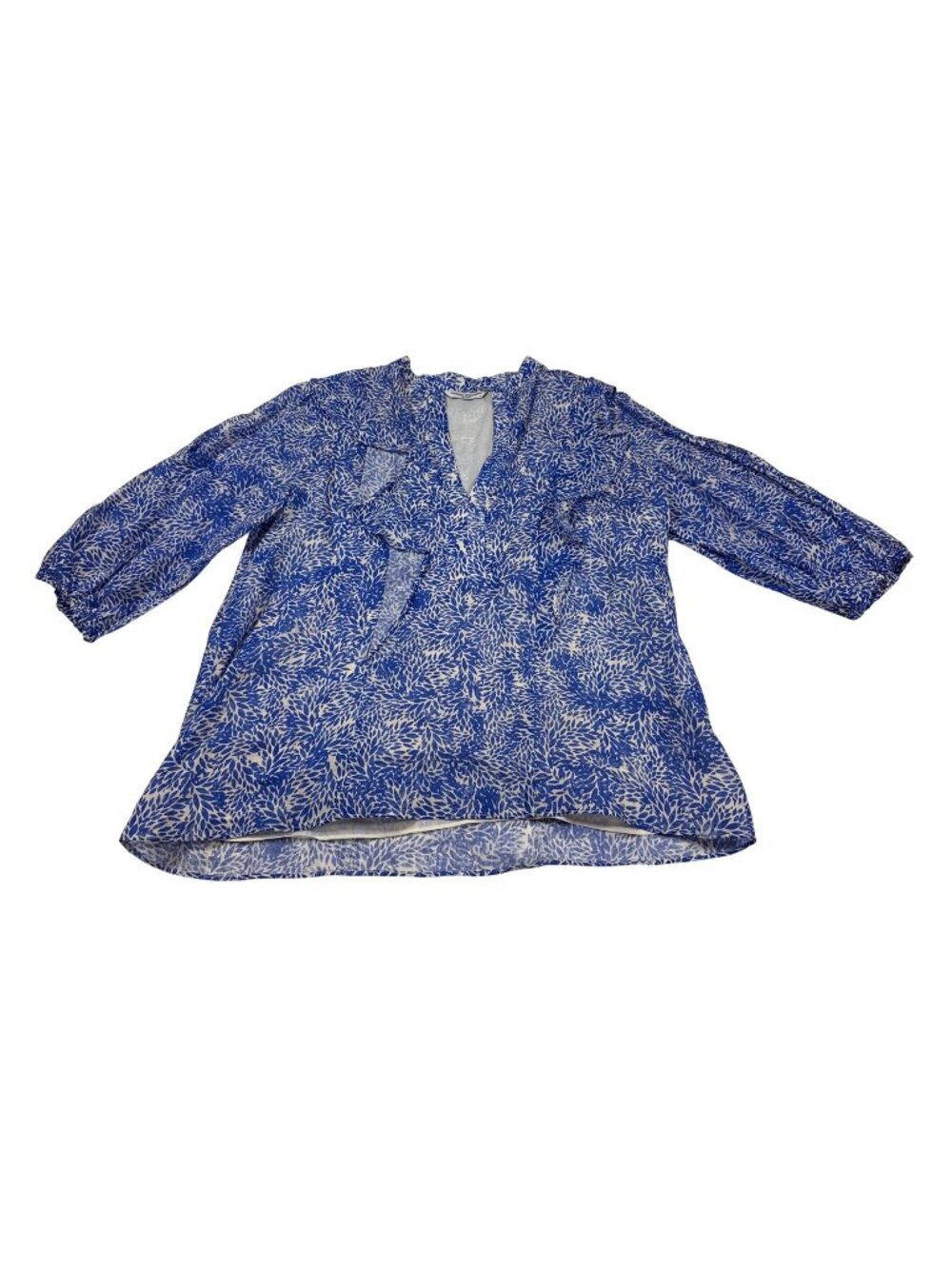 Amanda Uprichard Womens V-Neck Blue & White Sheer ruffled Blouse Size M (P1102)